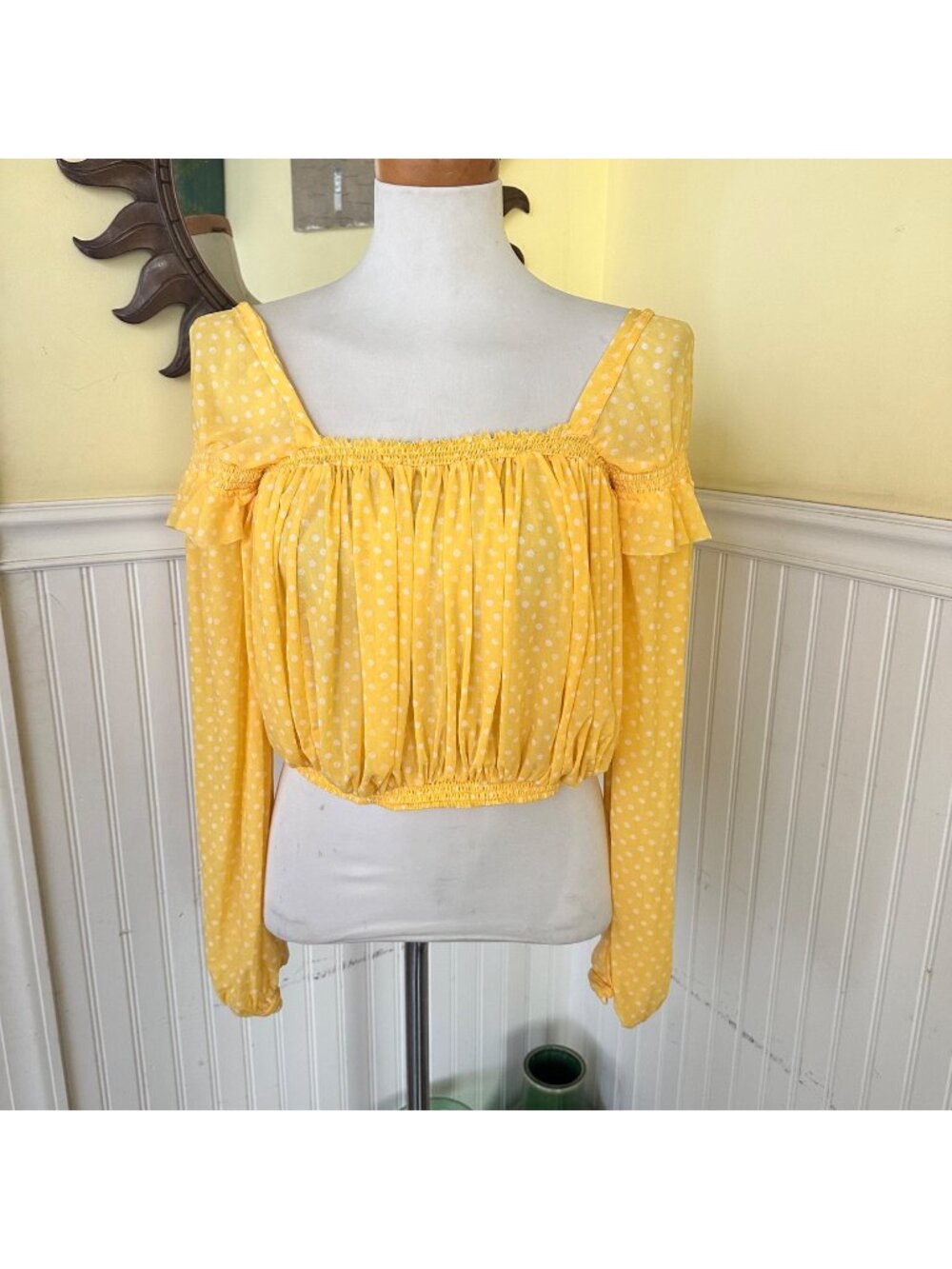 Free People Medium Butter Yellow Ruffle Off Shoulder Polka Dot long sleeve Crop